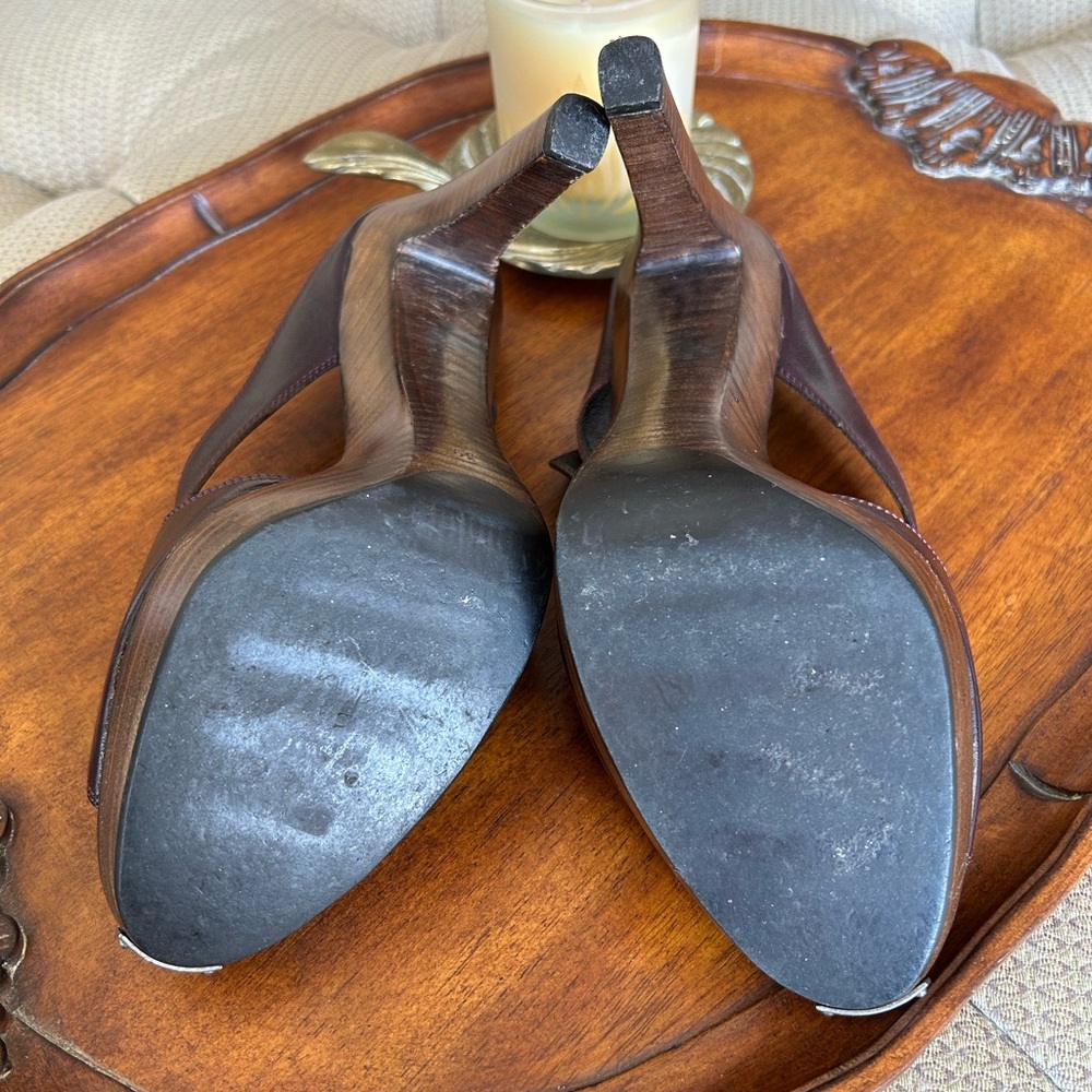 Yves Saint Laurent Women's Brown / Burgundy Wooden Heeled Sandals Size 9 - Picture 8 of 13